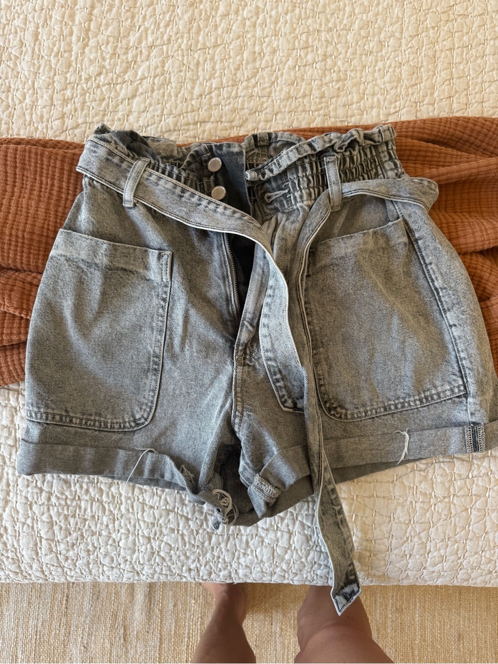 Zara Gray High-Waist Paperbag Denim Shorts with Tie Belt